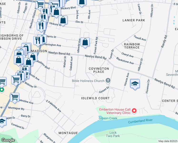 map of restaurants, bars, coffee shops, grocery stores, and more near 730 Idlewild Drive in Nashville