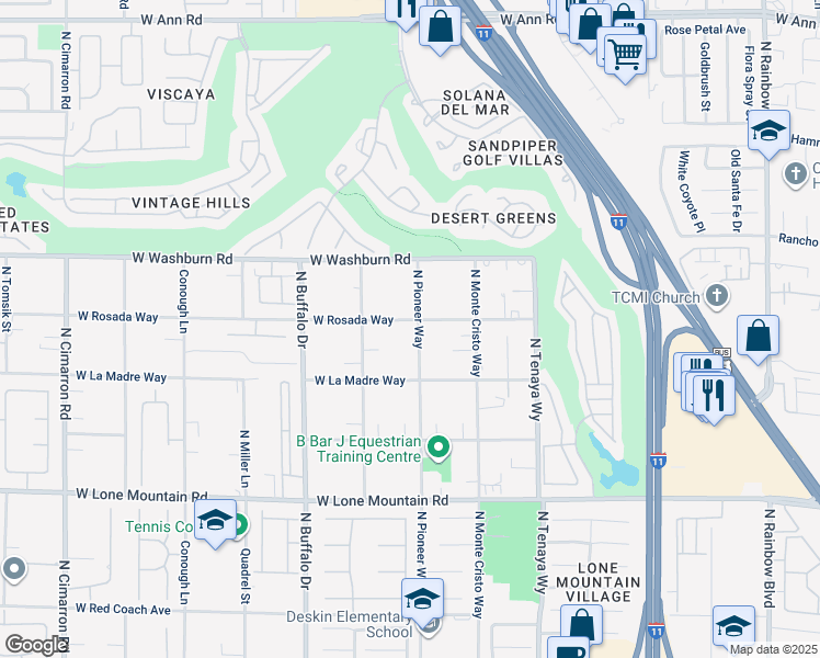 map of restaurants, bars, coffee shops, grocery stores, and more near 5081 North Pioneer Way in Las Vegas