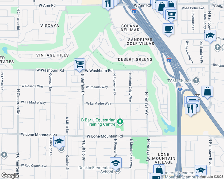 map of restaurants, bars, coffee shops, grocery stores, and more near 5081 North Pioneer Way in Las Vegas