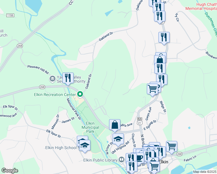 map of restaurants, bars, coffee shops, grocery stores, and more near 275 Hillcrest Drive in Elkin