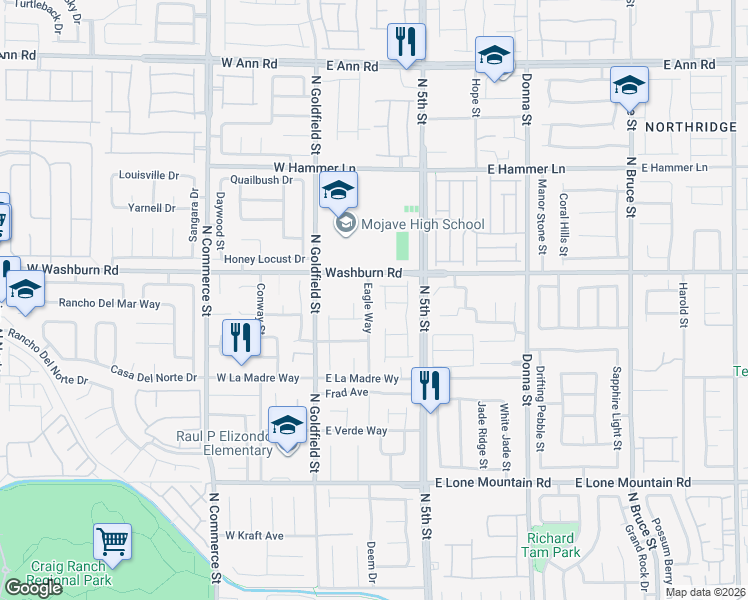 map of restaurants, bars, coffee shops, grocery stores, and more near 5140 Eagle Way in North Las Vegas