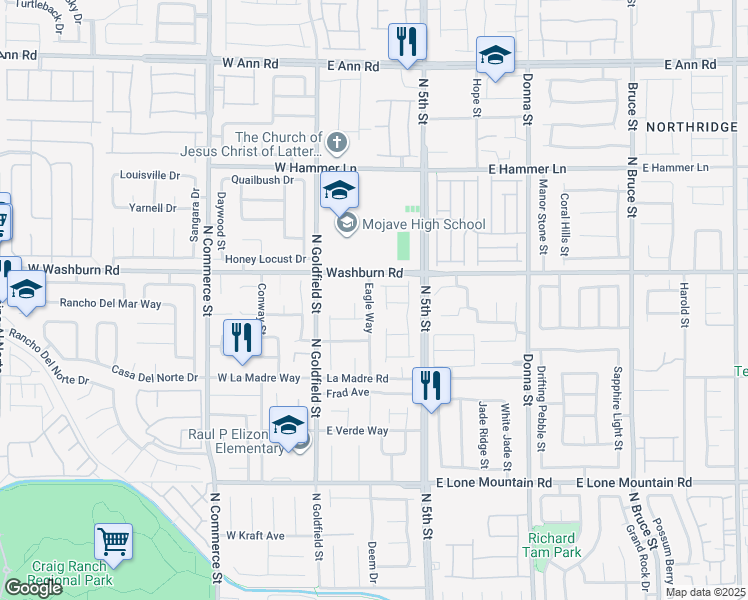 map of restaurants, bars, coffee shops, grocery stores, and more near 5140 Eagle Way in North Las Vegas