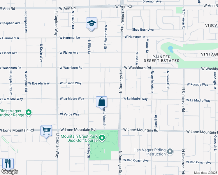 map of restaurants, bars, coffee shops, grocery stores, and more near West Rosada Way in Las Vegas