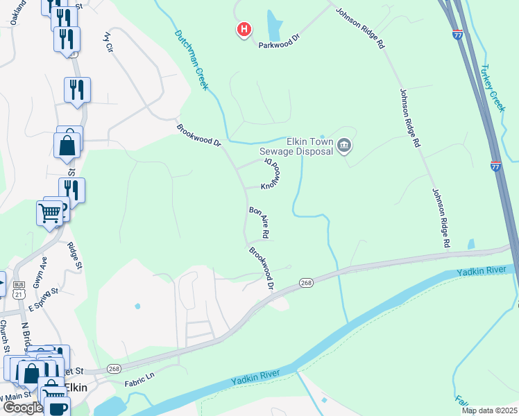 map of restaurants, bars, coffee shops, grocery stores, and more near 123 Bon Aire Road in Elkin
