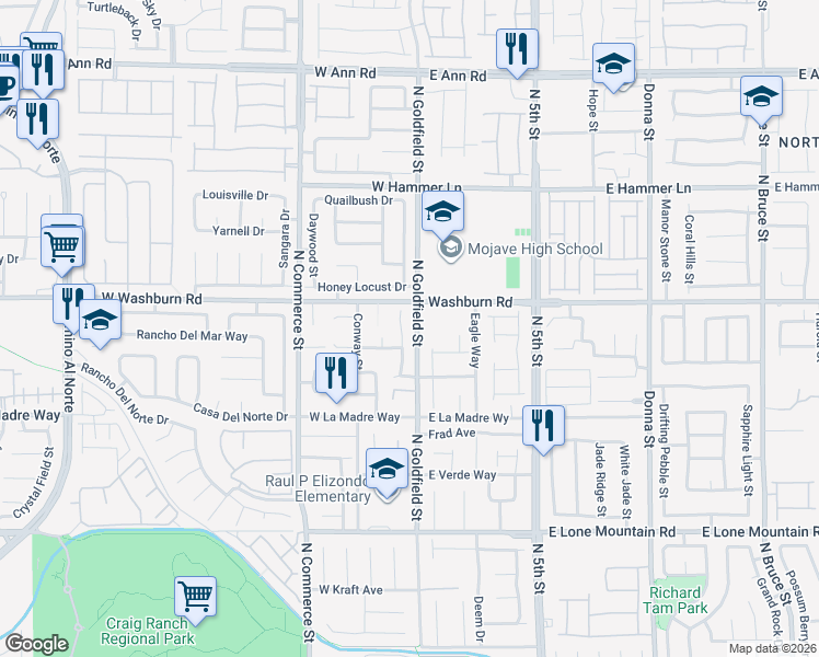map of restaurants, bars, coffee shops, grocery stores, and more near 5128 Ruby Sunset Street in North Las Vegas