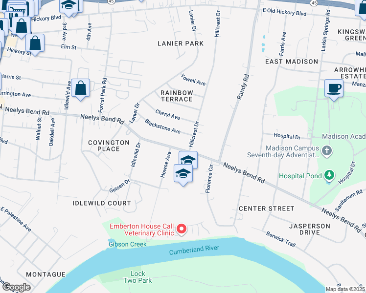 map of restaurants, bars, coffee shops, grocery stores, and more near 725 Neelys Bend Road in Nashville