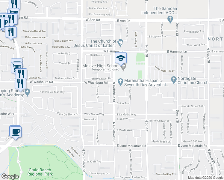 map of restaurants, bars, coffee shops, grocery stores, and more near 5128 Ruby Sunset Street in North Las Vegas