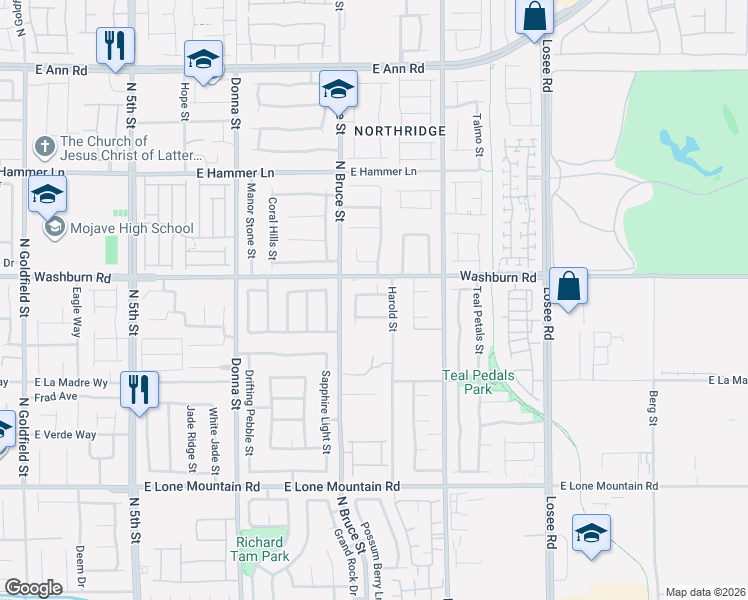 map of restaurants, bars, coffee shops, grocery stores, and more near 5132 Shockwave Court in North Las Vegas
