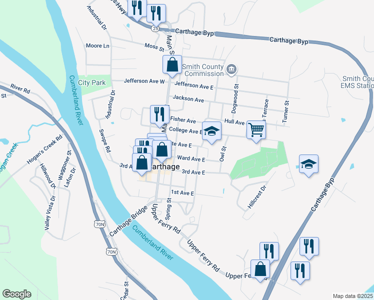 map of restaurants, bars, coffee shops, grocery stores, and more near 212 Fite Avenue West in Carthage