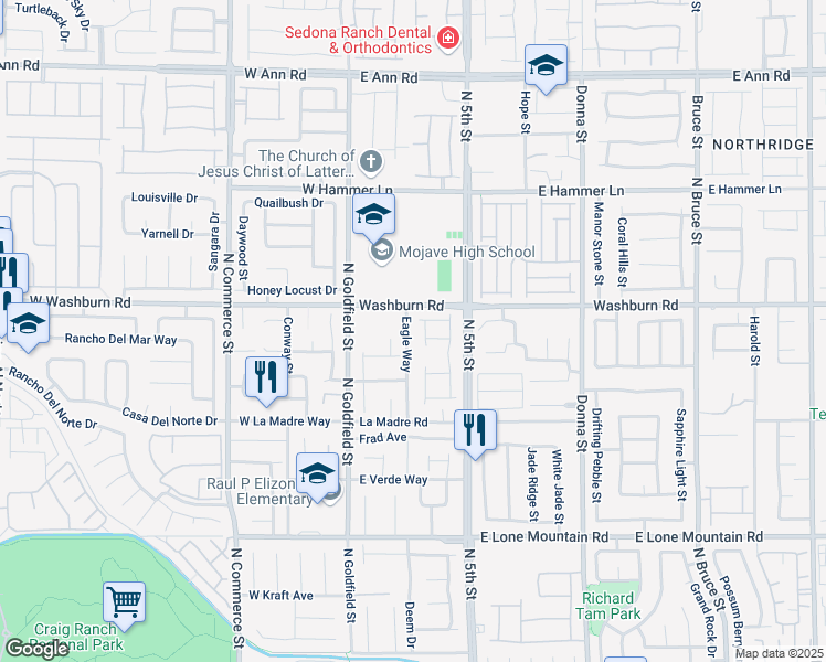 map of restaurants, bars, coffee shops, grocery stores, and more near 5144 Eagle Way in North Las Vegas