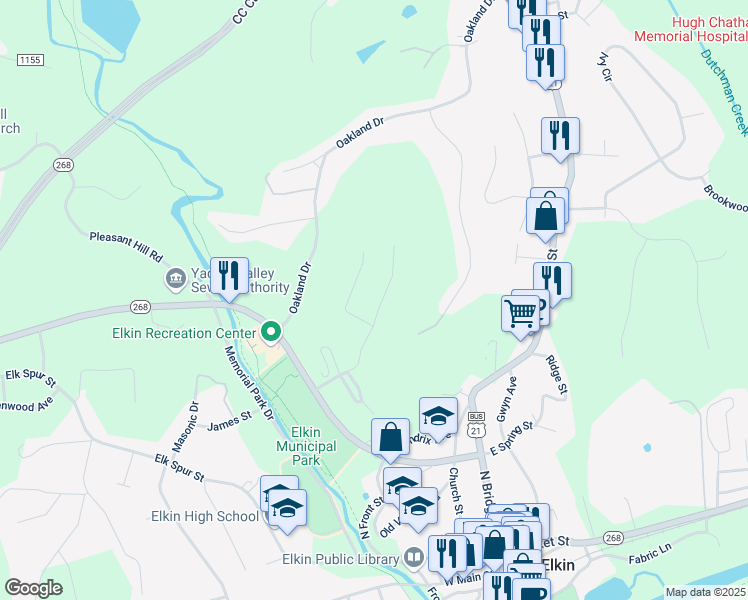 map of restaurants, bars, coffee shops, grocery stores, and more near 275 Hillcrest Drive in Elkin