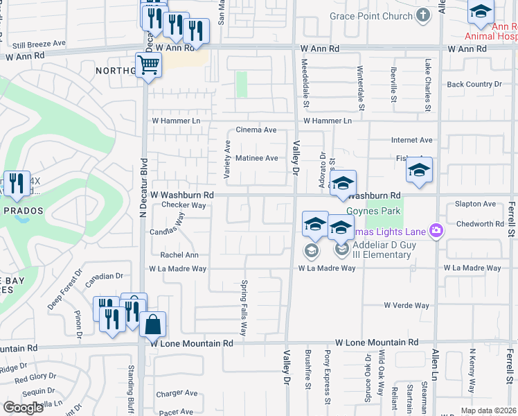 map of restaurants, bars, coffee shops, grocery stores, and more near 5133 Coral Beach Street in North Las Vegas