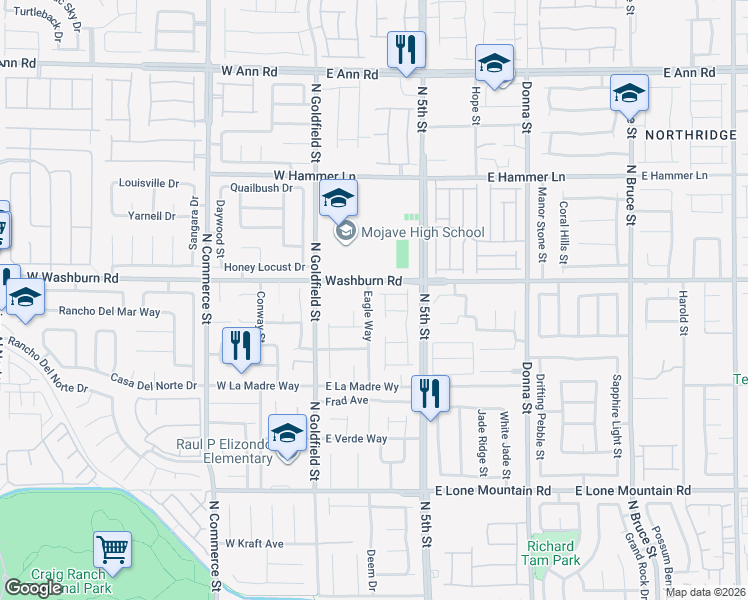 map of restaurants, bars, coffee shops, grocery stores, and more near 5148 Eagle Way in North Las Vegas