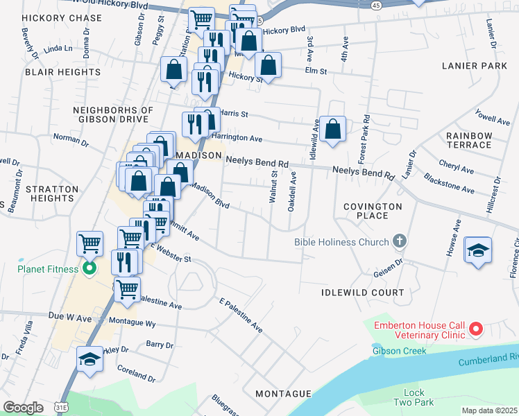 map of restaurants, bars, coffee shops, grocery stores, and more near 257 Madison Boulevard in Nashville