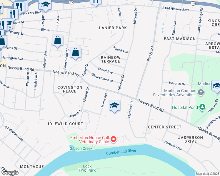 map of restaurants, bars, coffee shops, grocery stores, and more near 725 Neelys Bend Road in Nashville