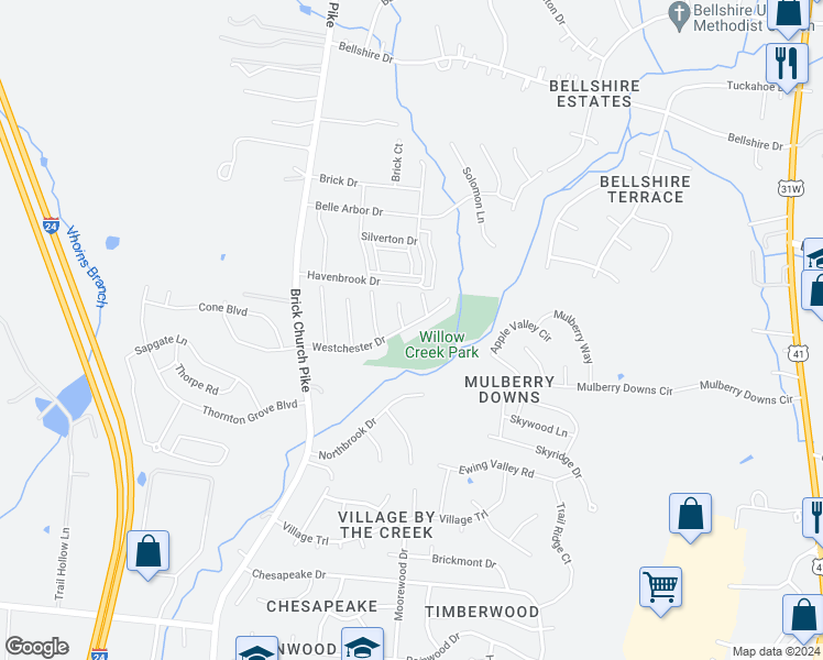 map of restaurants, bars, coffee shops, grocery stores, and more near 1801 Westchester Drive in Nashville