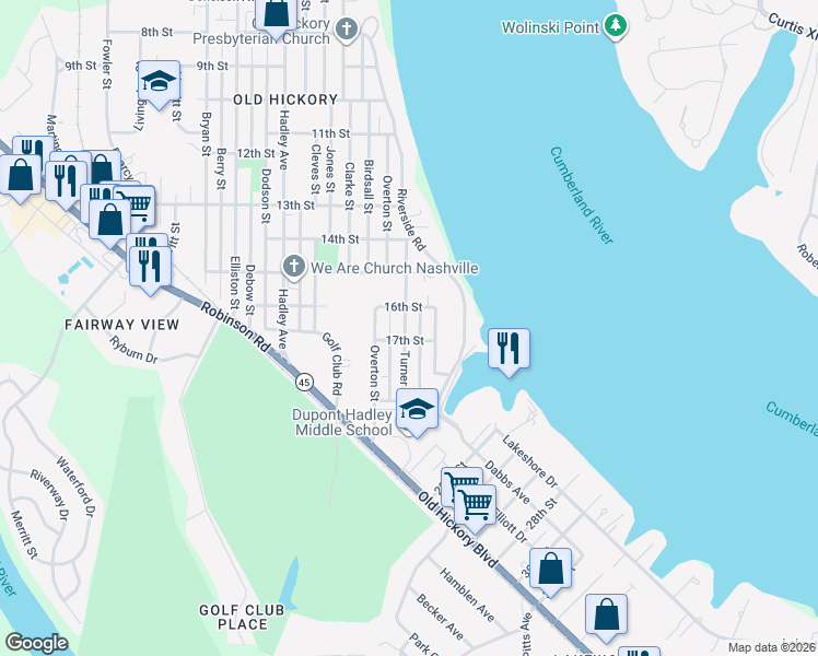 map of restaurants, bars, coffee shops, grocery stores, and more near 1609 Turner Street in Nashville