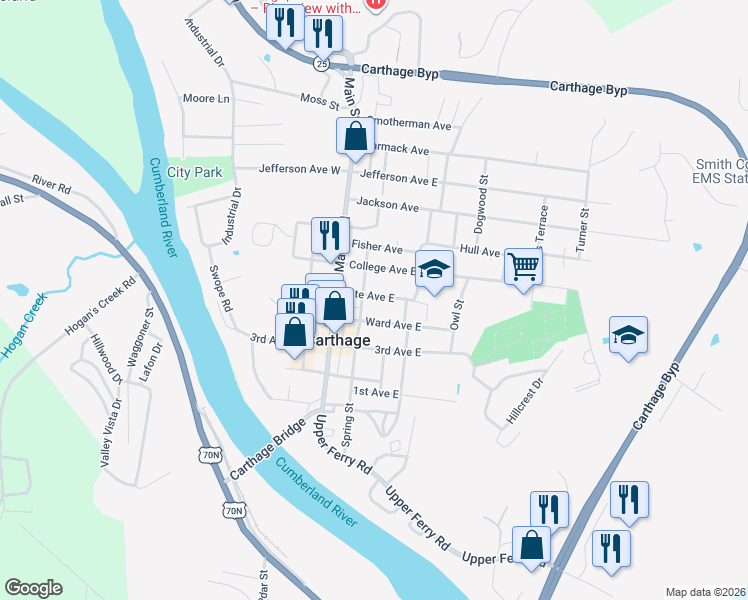 map of restaurants, bars, coffee shops, grocery stores, and more near 206 Fite Avenue East in Carthage
