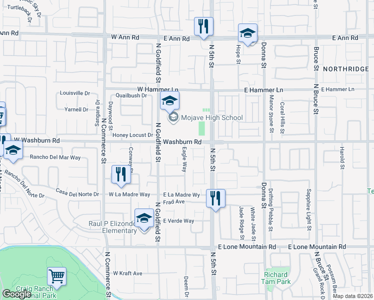 map of restaurants, bars, coffee shops, grocery stores, and more near 5152 Eagle Way in North Las Vegas