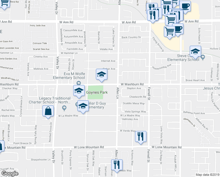 map of restaurants, bars, coffee shops, grocery stores, and more near 3755 West Washburn Road in North Las Vegas