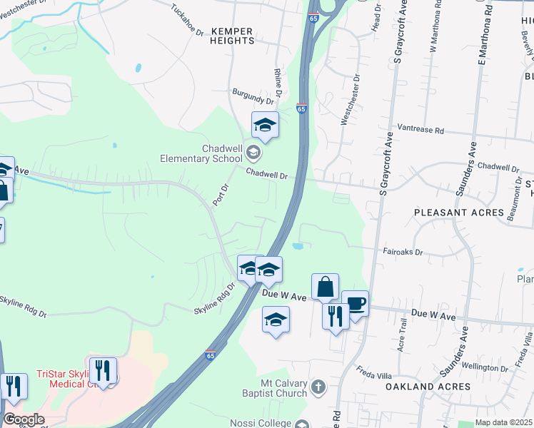 map of restaurants, bars, coffee shops, grocery stores, and more near 1497 Chadwell Drive in Nashville