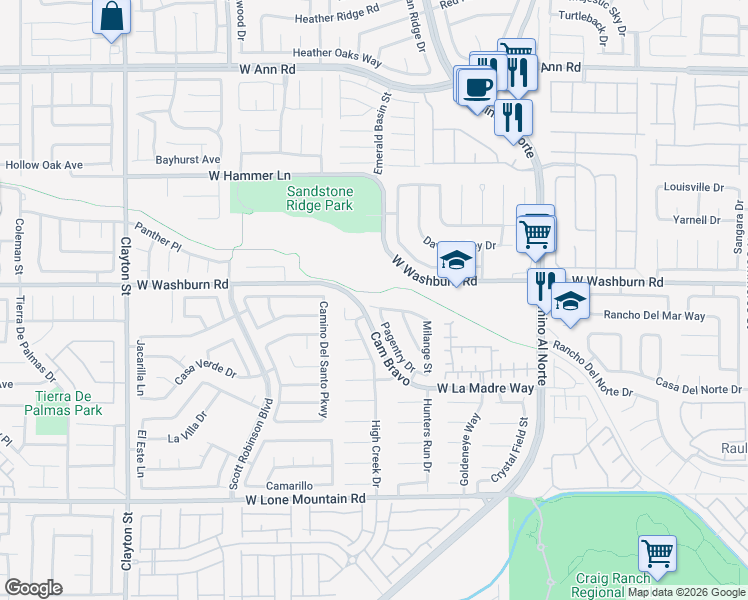 map of restaurants, bars, coffee shops, grocery stores, and more near 1336 Seaside Drive in North Las Vegas