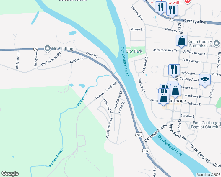 map of restaurants, bars, coffee shops, grocery stores, and more near 51 Lebanon Highway in Carthage
