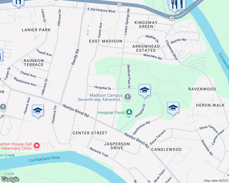 map of restaurants, bars, coffee shops, grocery stores, and more near 602 Larkin Springs Road in Nashville