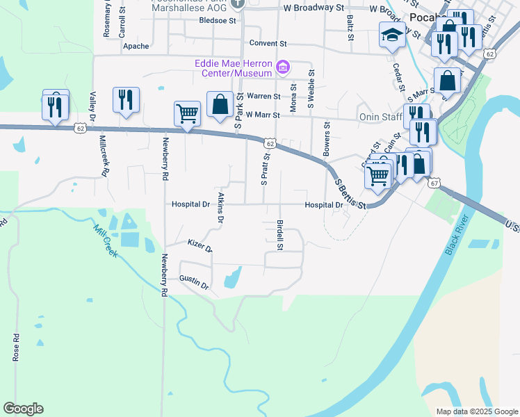 map of restaurants, bars, coffee shops, grocery stores, and more near 1805 Hospital Drive in Pocahontas