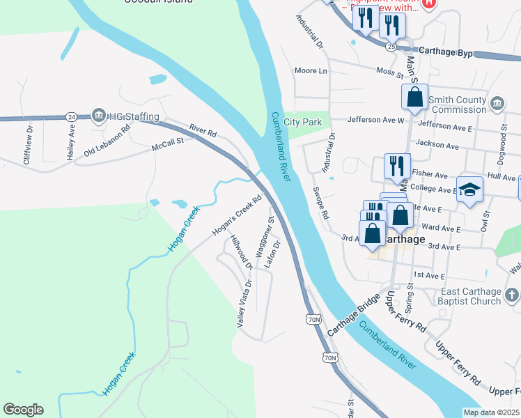 map of restaurants, bars, coffee shops, grocery stores, and more near 51 Lebanon Highway in Carthage