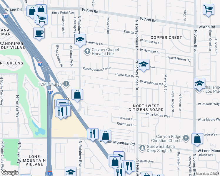 map of restaurants, bars, coffee shops, grocery stores, and more near 6445 White Tiger Court in Las Vegas