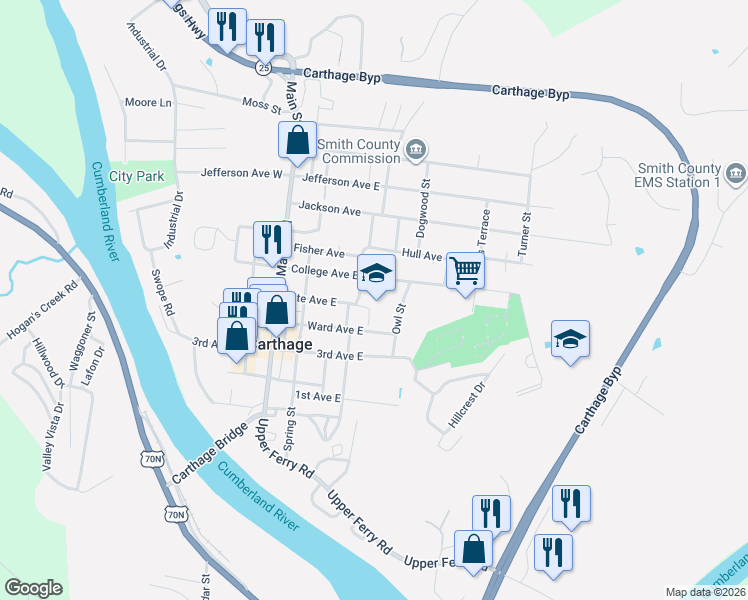 map of restaurants, bars, coffee shops, grocery stores, and more near Owl Street in Carthage