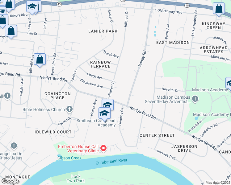 map of restaurants, bars, coffee shops, grocery stores, and more near 339 Hillcrest Drive in Nashville