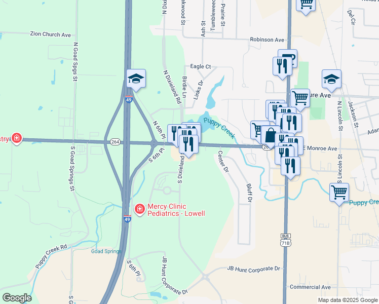 map of restaurants, bars, coffee shops, grocery stores, and more near 105 South Dixieland Road in Lowell