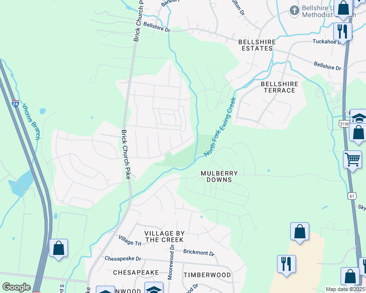 map of restaurants, bars, coffee shops, grocery stores, and more near 1801 Westchester Drive in Nashville