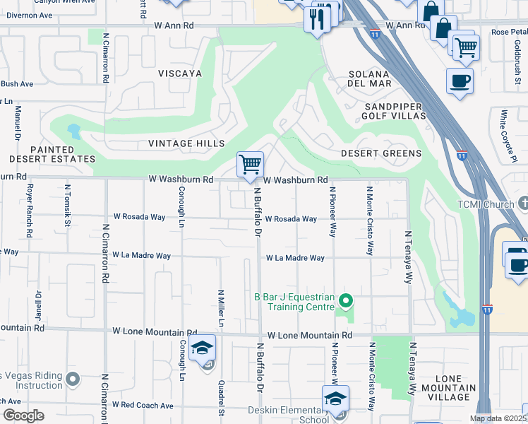 map of restaurants, bars, coffee shops, grocery stores, and more near 5110 North Buffalo Drive in Las Vegas