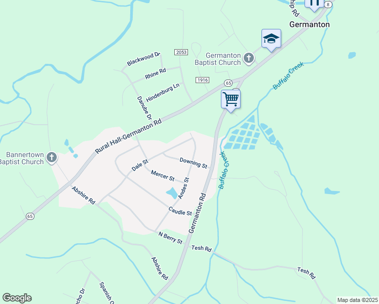 map of restaurants, bars, coffee shops, grocery stores, and more near 6704 Andes Street in Germanton