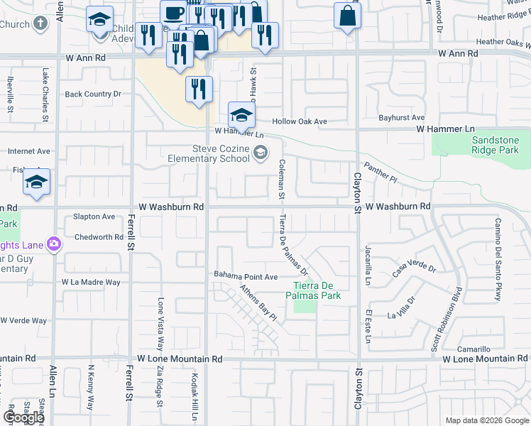 map of restaurants, bars, coffee shops, grocery stores, and more near 2417 Paradise Isle Avenue in North Las Vegas