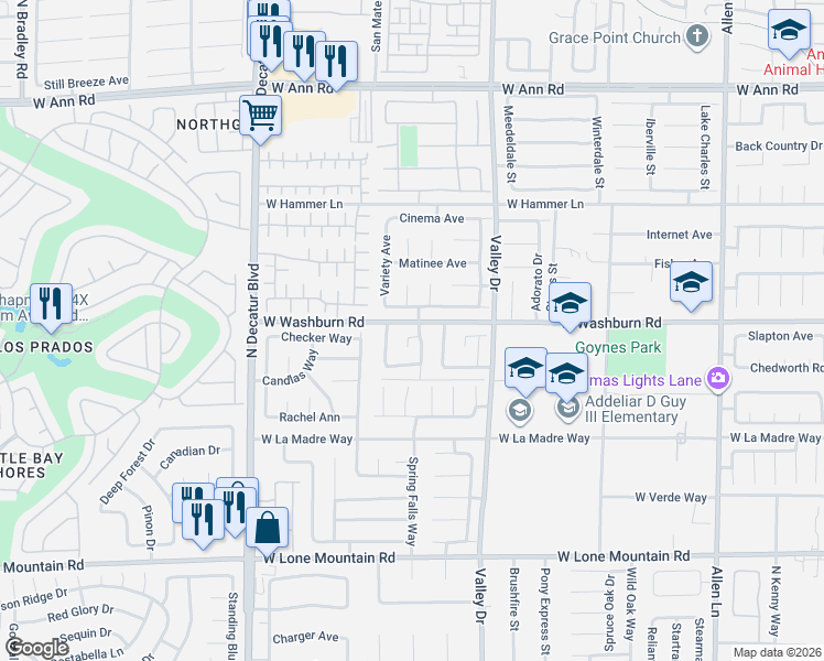 map of restaurants, bars, coffee shops, grocery stores, and more near 4447 Donica Rose Court in North Las Vegas