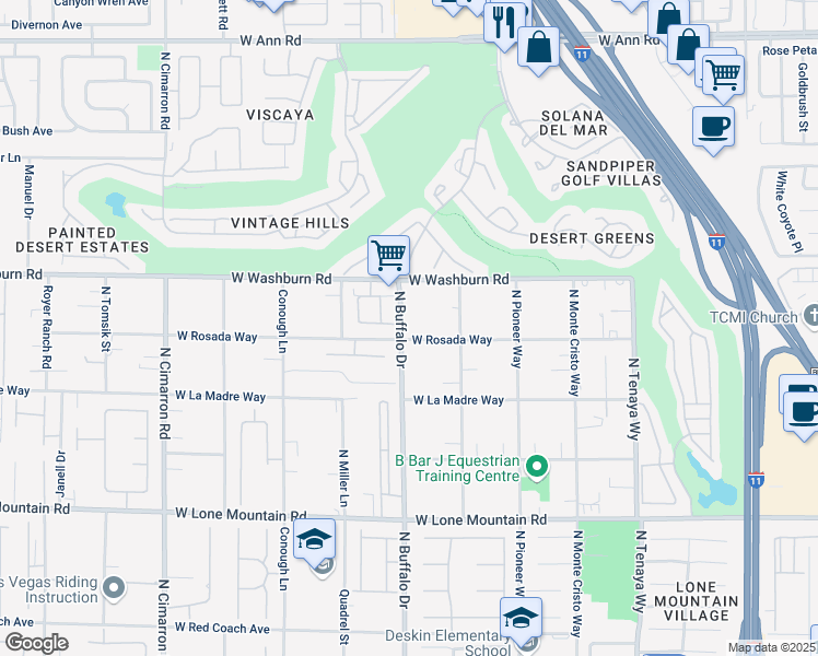 map of restaurants, bars, coffee shops, grocery stores, and more near 5110 North Buffalo Drive in Las Vegas