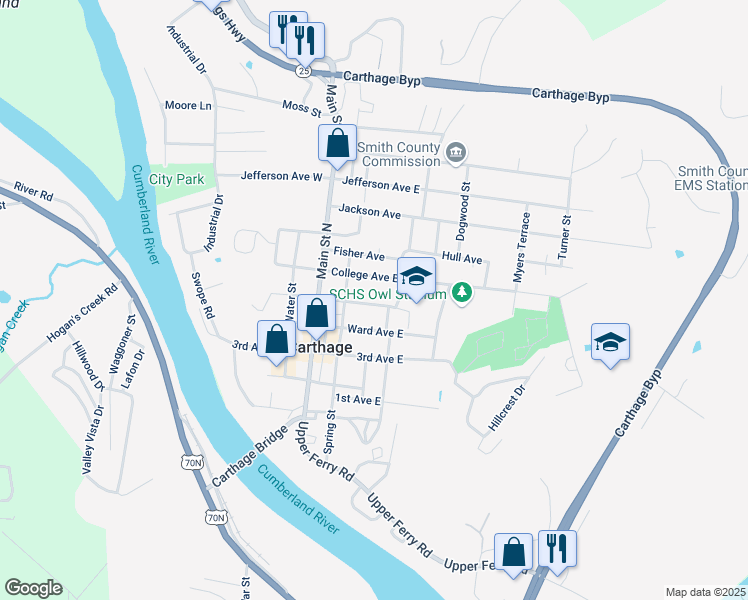 map of restaurants, bars, coffee shops, grocery stores, and more near 206 Fite Ave E in Carthage