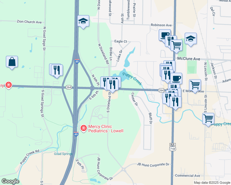 map of restaurants, bars, coffee shops, grocery stores, and more near 105 South Dixieland Road in Lowell