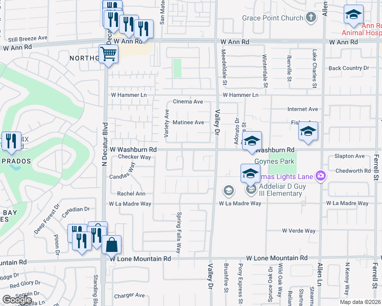 map of restaurants, bars, coffee shops, grocery stores, and more near 5133 Coral Beach Street in North Las Vegas