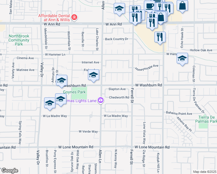 map of restaurants, bars, coffee shops, grocery stores, and more near 3612 Slapton Avenue in North Las Vegas