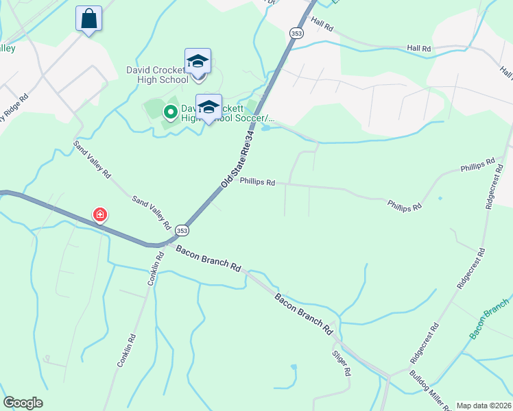 map of restaurants, bars, coffee shops, grocery stores, and more near 135 Phillips Road in Jonesborough