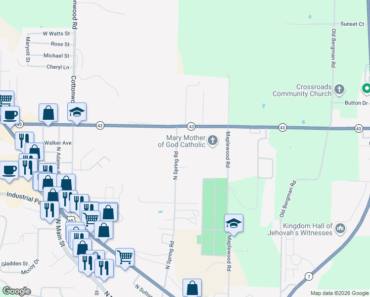 map of restaurants, bars, coffee shops, grocery stores, and more near 1615 North Spring Road in Harrison