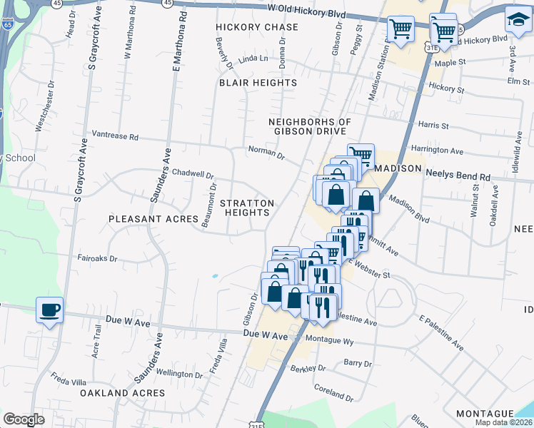map of restaurants, bars, coffee shops, grocery stores, and more near 912 Gibson Drive in Nashville