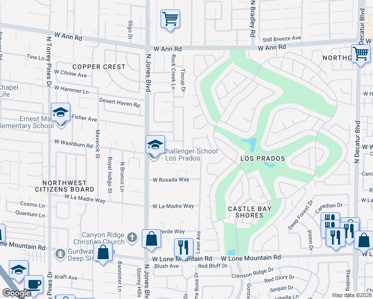 map of restaurants, bars, coffee shops, grocery stores, and more near 5770 West Rosada Way in Las Vegas