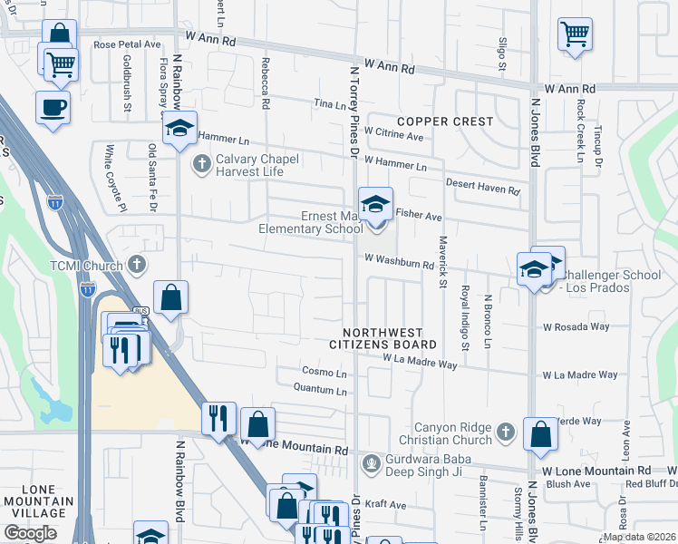 map of restaurants, bars, coffee shops, grocery stores, and more near 5112 North Mirage Garden Street in Las Vegas
