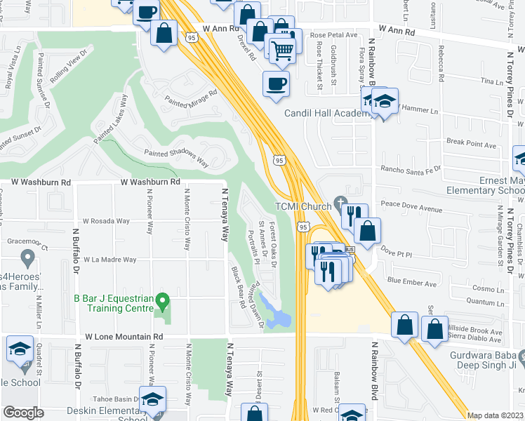 map of restaurants, bars, coffee shops, grocery stores, and more near 5112 Forest Oaks Drive in Las Vegas